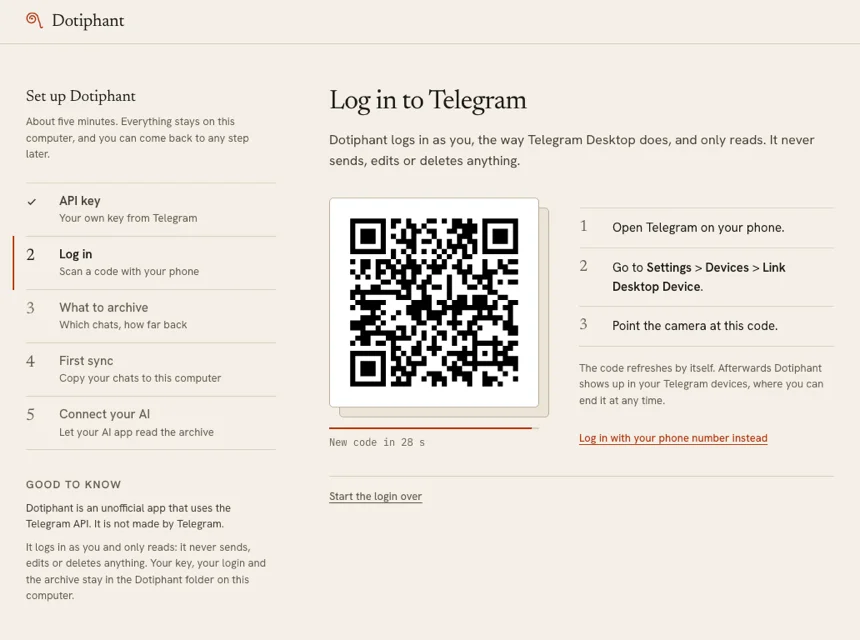 Dotiphant setup page, step 2 of 5: Log in to Telegram, with a QR code and instructions to open Settings > Devices > Link Desktop Device.